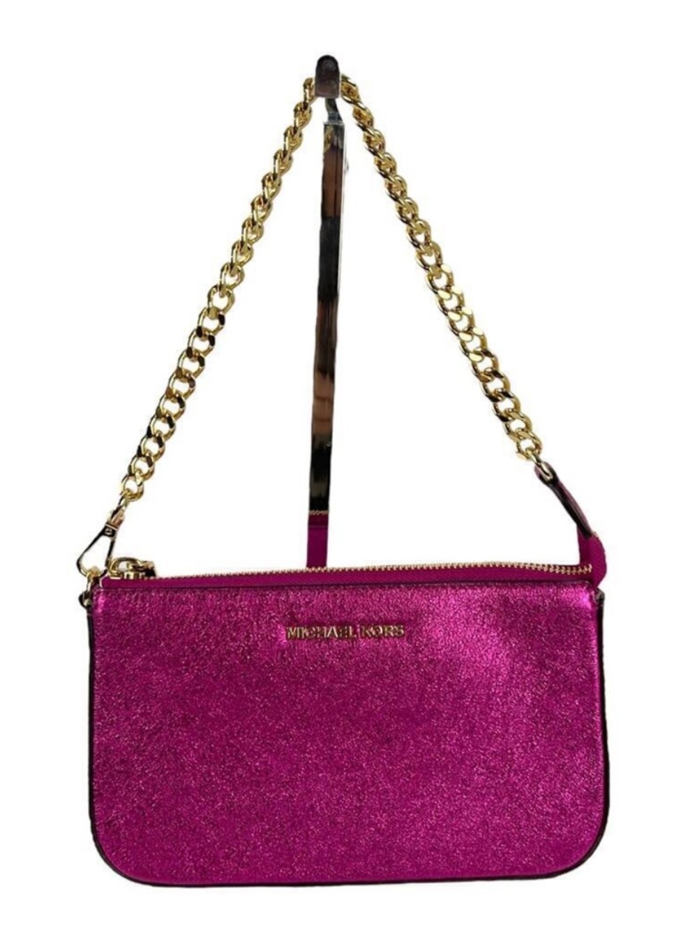 Michael Kors NWT Fuchsia Glitter Metallic Chain small Shoulder Clutch